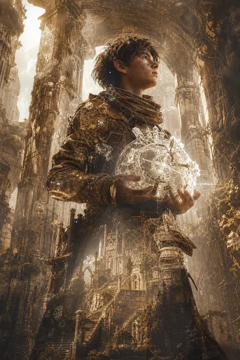 A monumental double-exposure campaign tableau centered on a young tinkering inve - AI生成图片 1