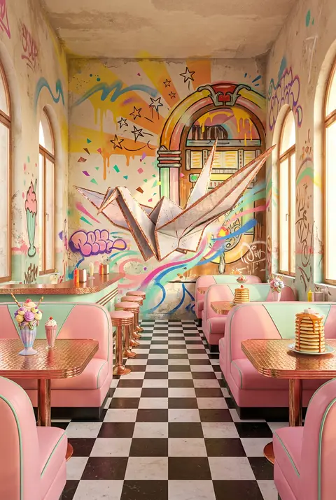 A jubilant street-mural tableau inside a sun-drenched 1950s retro diner, starrin - AI生成图片 1