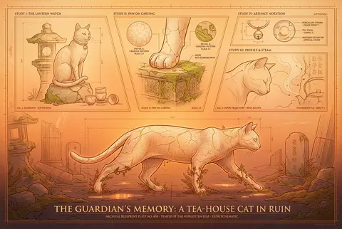 A wistful blueprint editorial poster centered on a fictional tea-house cat, reim - AI生成图片 1