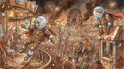 At midnight beneath a sprawling carnival of crooked ferris wheels and ribbon-lit - AI生成图片 1