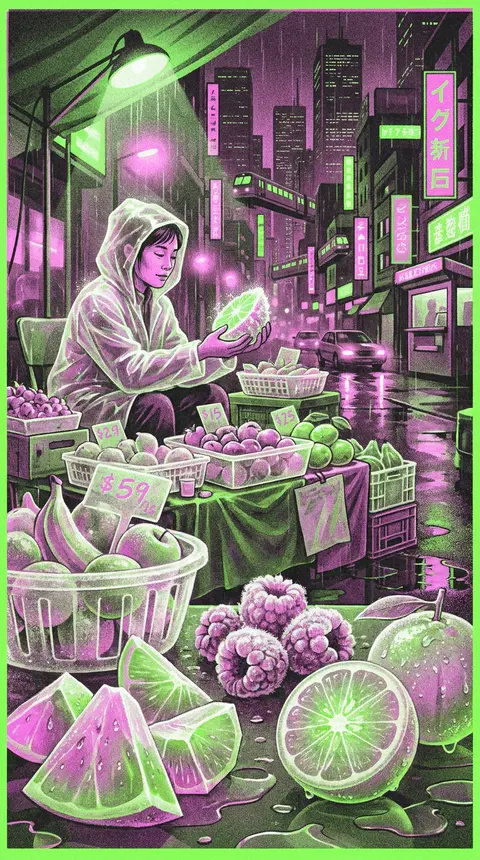 方形构图，静谧而私密的雨夜霓虹巨型都市一隅，潮湿街市在酸性荧光绿与洋红双色错位印刷效果中展开，仿佛一张高对比 risograph 双色版画海报；画面主角是一位果 - AI生成图片 2