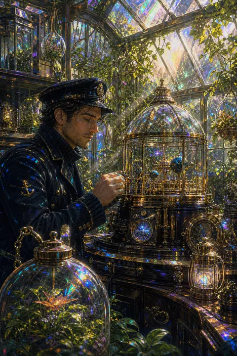 A solitary lighthouse keeper tending a miniature brass observatory inside a sunl - AI生成图片 1