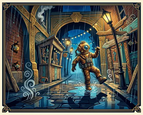 A deep-sea diver skipping through a rain-soaked back alley transformed into a fa - AI生成图片 2