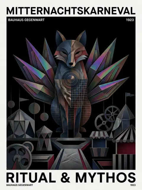 A midnight carnival ritual rendered as a severe Bauhaus poster: a mythical nine- - AI生成图片 1