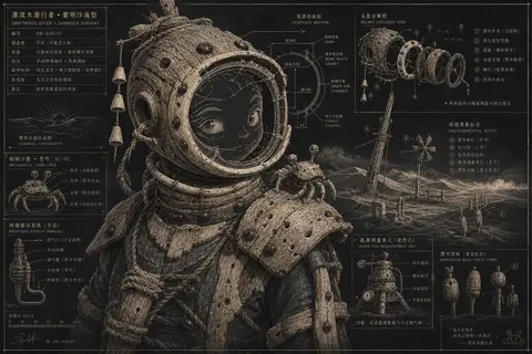 一名深海潜行者伫立在黎明沙海的低矮沙脊上，整体以古老工程蓝图式示意图呈现，却带着俏皮荒诞的童趣感；主视角为近距离竖构图，胸口以上特写，身体与头部微微转向一侧，视 - AI生成图片 1