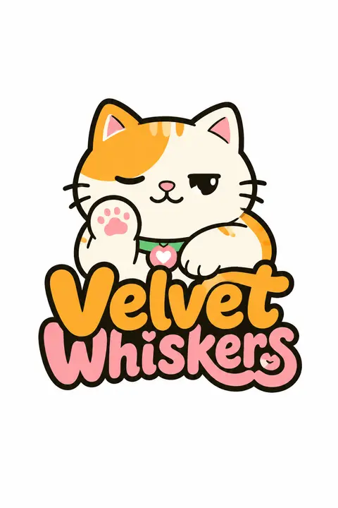 一个圆润且极具辨识度的卡通猫咪标志形象，主角设定为虚构品牌 `Velvet Whiskers` 的吉祥物“米洛奶爪”，以简洁几何轮廓构成，神态灵动，带一点慵懒松 - AI生成图片 3