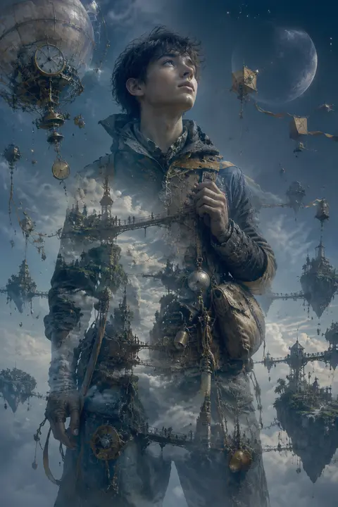 Dreamlike serene double-exposure portrait of a young tinkering inventor poised o - AI生成图片 1