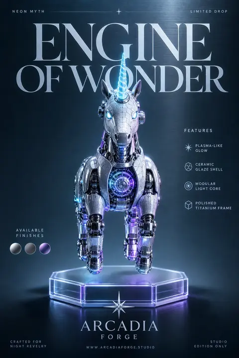 一张未来感潮玩艺术海报，竖版构图，极简高定编辑设计风格，冷调霓虹青与电光紫主色调，磨砂玻璃与拉丝铝合金背景，带轻微扫描线与海报颗粒质感，中央展示一只超写实机械玩 - AI生成图片 1