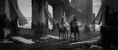 ancient moss-covered temple ruins, tense caravan crossing a shattered basalt cou - AI生成图片 4
