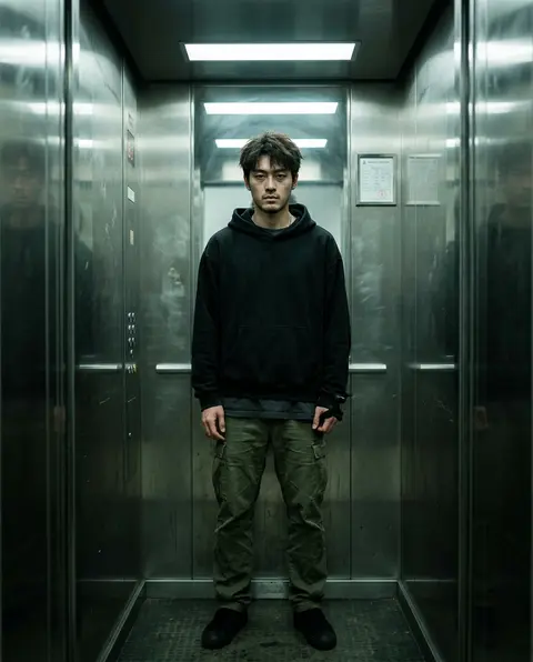 一位名叫陆沉川的年轻男子站在狭窄的不锈钢电梯正中央，正面直视镜头，采用低机位的中景至半身偏全身构图，人物居中且近乎完美对称，画面带着轻微压迫感与强烈孤独气息。陆 - AI生成图片 1