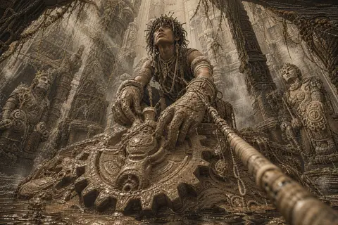 A towering young salvage prodigy kneels atop a cracked altar deep within vine-ch - AI生成图片 2