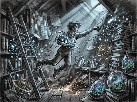 A wild horizontal charcoal sketch of a celestial gardener in a cramped attic lib - AI生成图片 1