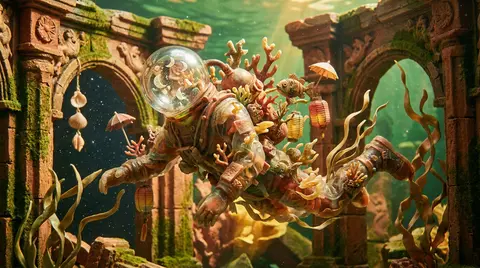 A playful deep-sea diver with a glass-domed helmet full of tiny floating paper m - AI生成图片 2