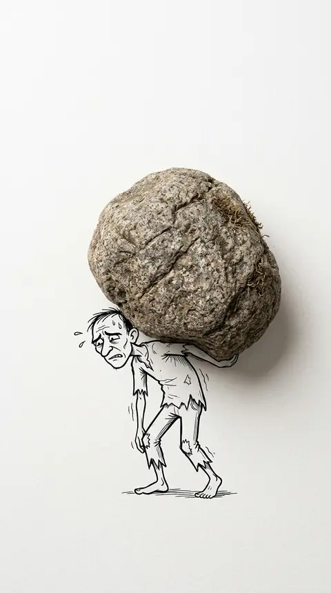一幅极简概念摄影气质的超现实混合媒介画面：在纯白纸面或白色哑光台面上，黑白线稿卡通人物“Elias Thorn”以手绘插画形式出现——他身形单薄消瘦，眉头紧锁， - AI生成图片 1
