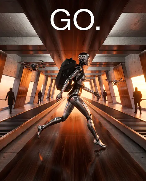 A kinetic editorial scene of a robotic ballet dancer striding with explosive con - AI生成图片 2