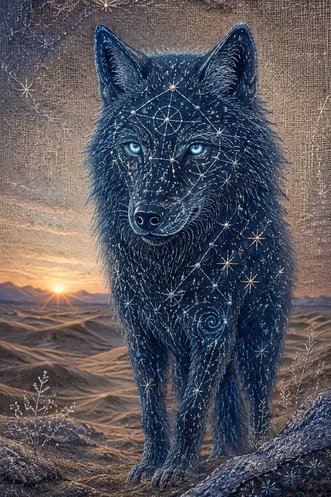 An intimate close-up of a wolf formed from constellations, stitched in embroider - AI生成图片 2
