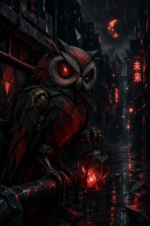 A lone clockwork owl with stitched soft-felt plumage perches in a rain-slick bac - AI生成图片 1