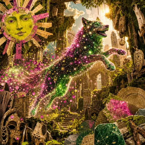 Surrealist photo collage of a jubilant wolf sculpted from glowing constellations - AI生成图片 1
