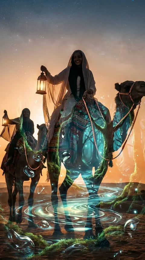 A joyful desert nomad caravan gliding through a bioluminescent night forest, ren - AI生成图片 1