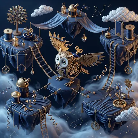 An isometric miniature tableau perched across drifting sky islands, centered on - AI生成图片 2