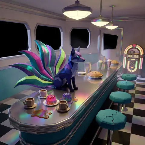 A mysterious nine-tailed fox spirit perched on a chrome-and-vinyl diner counter - AI生成图片 2