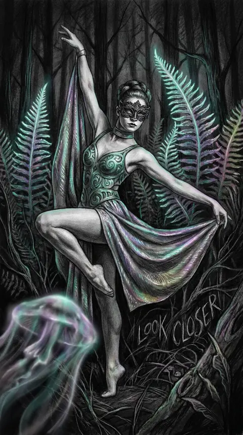 A masked carnival acrobat poised among towering bioluminescent ferns in a midnig - AI生成图片 1