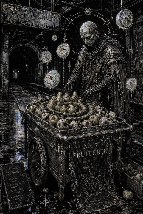 A gaunt fruit vendor with a shaved head and hollow, watchful eyes stands alone b - AI生成图片 1