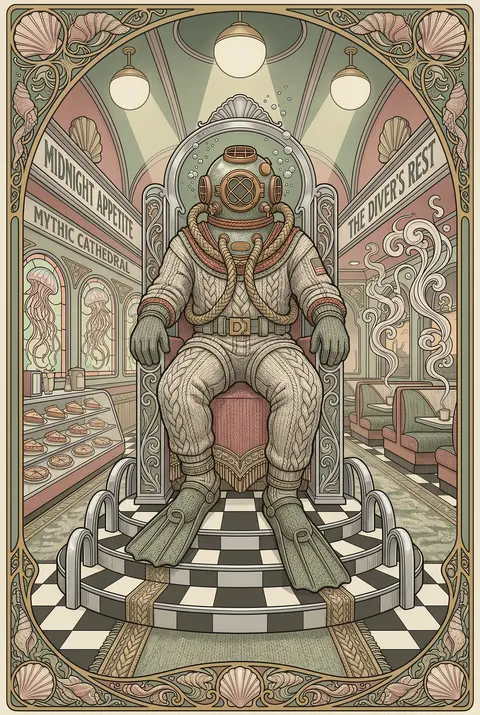 Monumental art nouveau poster of a deep-sea diver enthroned inside a glowing 195 - AI生成图片 1