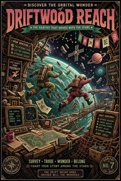 A frantic 16-bit pixel travel-poster scene set inside a bustling orbital habitat - AI生成图片 2