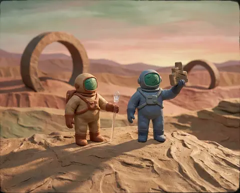 Twin astronaut explorers standing atop a wind-chiseled dune at first light, rend - AI生成图片 2