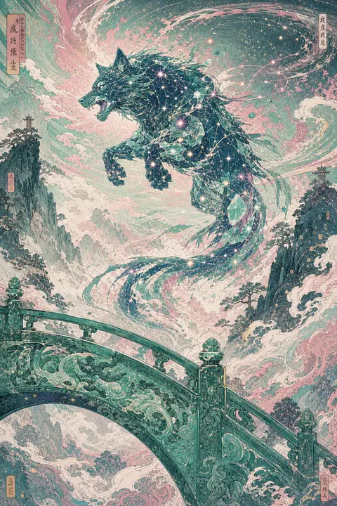 一幅充满失控张力的浮世绘木版画：迷雾翻涌的山隘之间，一头由星群与发光星轨拼接成的苍狼正猛然跃起，躯体像被夜空撕开的碎片般旋卷，四肢收束又炸开，尾迹拖出凌乱而炽烈 - AI生成图片 2