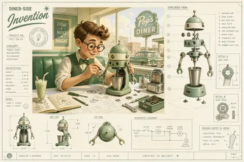 a young tinkering inventor in a 1950s retro diner, blueprint schematic compositi - AI生成图片 1