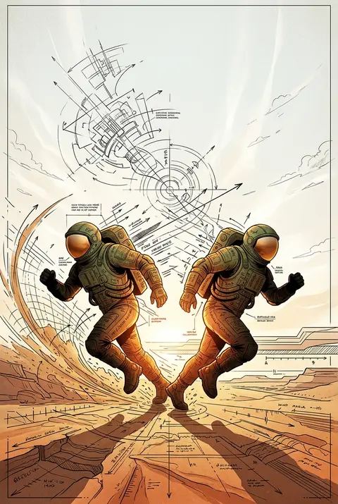 two twin astronaut explorers sprinting across a wind-scored desert at dawn, mirr - AI生成图片 1