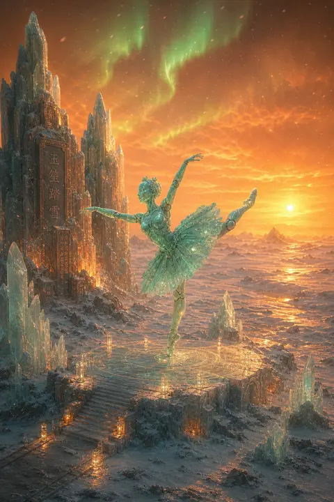 An epic isometric miniature scene of a robotic ballet dancer carved from luminou - AI生成图片 1