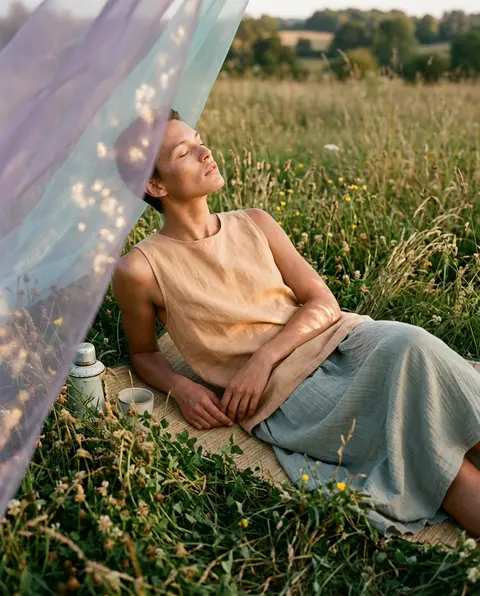 A lifelike fashion editorial scene set in an open meadow at golden afternoon, fe - AI生成图片 2