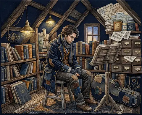 a wandering street musician pausing between songs in a cozy cluttered attic libr - AI生成图片 3