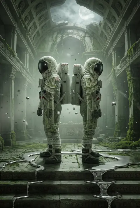 a cinematic double-exposure tableau of twin astronaut explorers standing back-to - AI生成图片 1