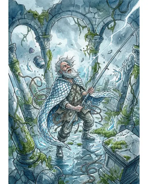 一幅充满失控生命力的水彩故事书插画：一位满脸风霜的年迈渔夫立于坍塌的远古神殿遗址中央，神殿石柱遍布厚重苔藓与湿润裂纹，断裂拱门间卷起狂乱气流；他仰首迎向翻涌天光 - AI生成图片 1