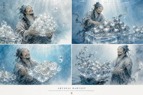 Ultra-premium 4-panel poster of a jubilant fruit seller suspended in a radiant o - AI生成图片 2