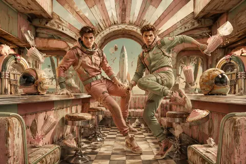 Two twin astronaut explorers in sharply tailored, dusty-rose and sage flight ens - AI生成图片 1