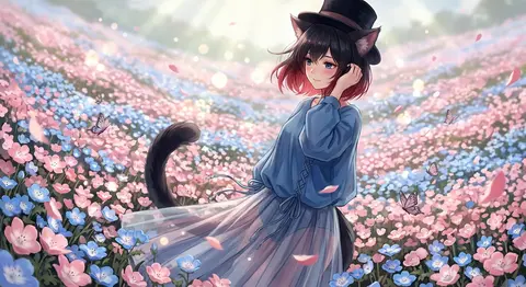 一位名为 Kyra Vale 的幻想系猫耳少女立于成片粉蓝色粉蝶花海之间，短黑发末端晕染柔和绯红，在黑色丝绒高礼帽下探出蓬松灵巧的猫耳，身后一条厚实绵软的长尾巴 - AI生成图片 2