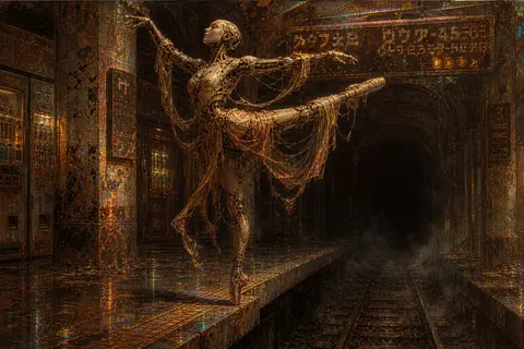 A robotic ballet dancer poised alone on an abandoned subway platform, torso twis - AI生成图片 2