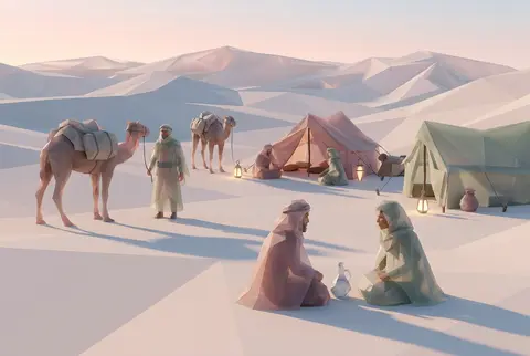 At dawn in a vast wind-shaped desert, an intimate nomad caravan pauses in a shal - AI生成图片 3