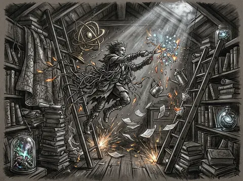 A wild horizontal charcoal sketch of a celestial gardener in a cramped attic lib - AI生成图片 3