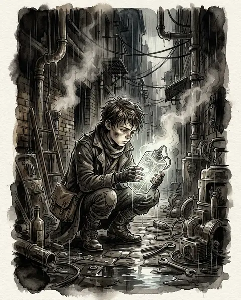 A young tinkering inventor crouched in a rain-soaked back alley, assembling a tr - AI生成图片 3