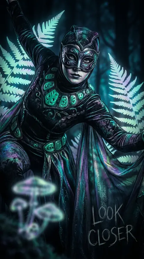A masked carnival acrobat poised among towering bioluminescent ferns in a midnig - AI生成图片 4