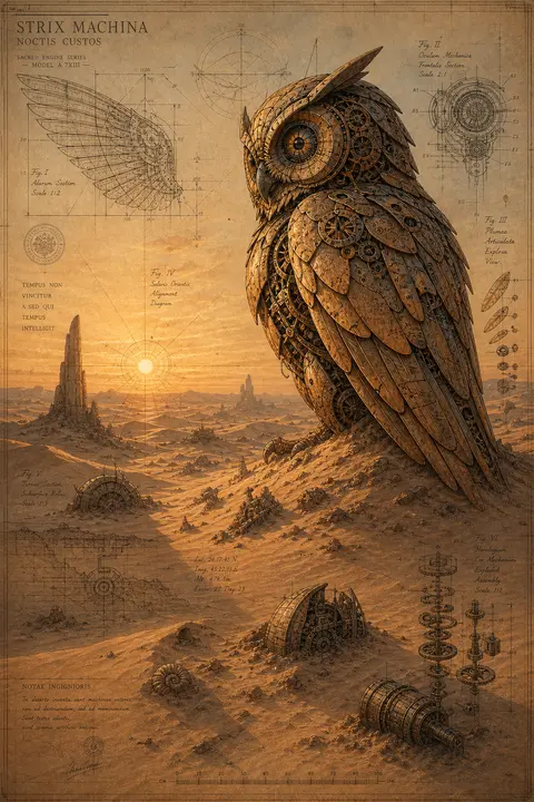 A dreamlike blueprint-style illustration of a clockwork owl standing half-buried - AI生成图片 1