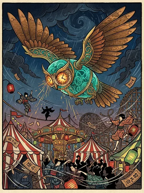 A clockwork owl whirls above a midnight carnival in a storm of motion, its body - AI生成图片 1
