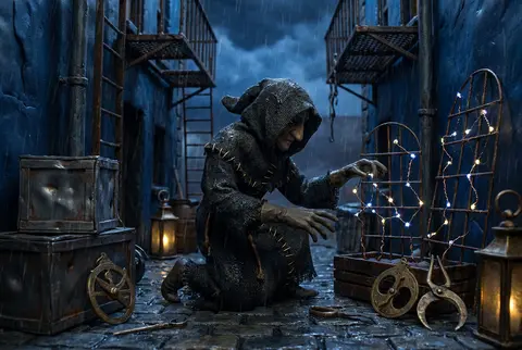 Claymation stop-motion scene of a celestial gardener in a rain-lashed back alley - AI生成图片 2