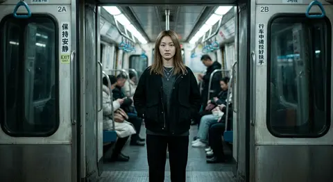 一张电影感十足的写实人像照片：年轻女性“林见遥”站在老式地铁车厢中央，正对镜头，身体微微放松，双手插在裤袋里，神情平静、冷淡，带着若有若无的疏离感。她有浅棕色中 - AI生成图片 1
